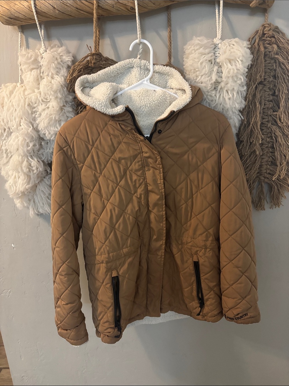 Free Country Quilted Hooded Puffer Jacket in Tan